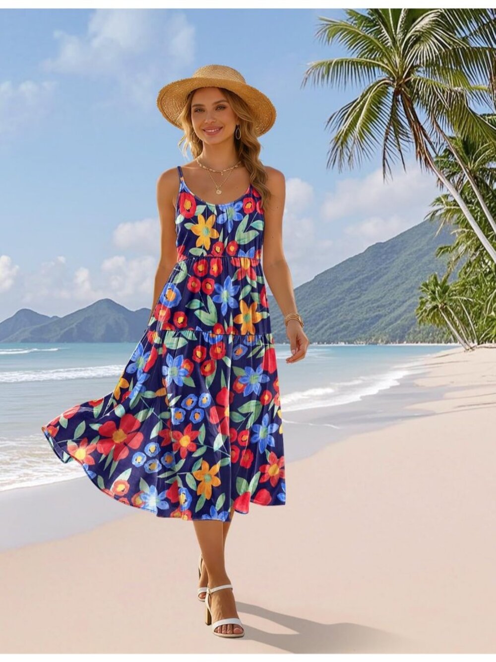 Women's Floral Navy stable Spaghetti Strap Sundress Boho Casual Flow Midi Dress - Picture 4 of 5